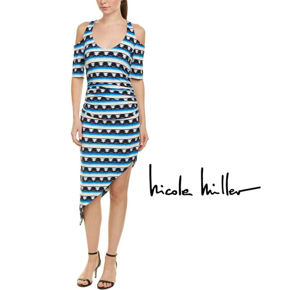 NICOLE MILLER Tie Dye Stripe Asymmetrical Cold Shoulder Dress